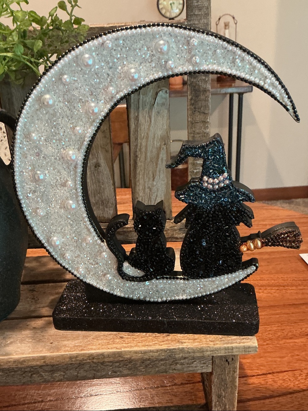 Halloween Beaded and Glitter Witch and Cat On a Moon Tabletop Decor